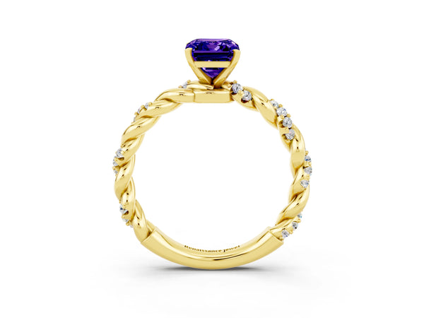 Yellow gold Emerald Cut Tanzanite Solitaire Ring with Twisted Band and Pavé Accents