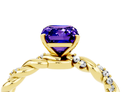 Yellow gold Emerald Cut Tanzanite Solitaire Ring with Twisted Band and Pavé Accents_4