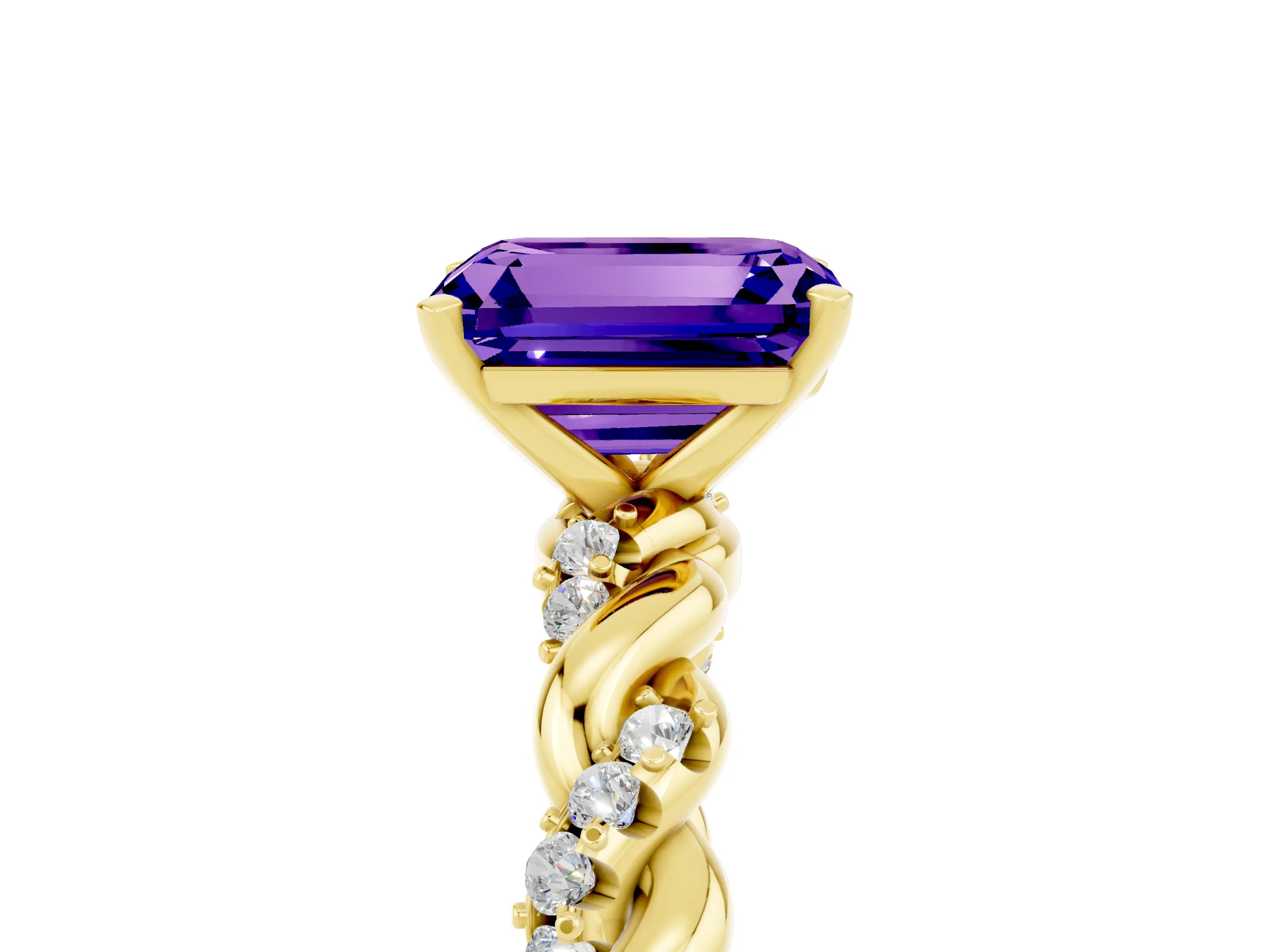 Yellow gold Emerald Cut Tanzanite Solitaire Ring with Twisted Band and Pavé Accents_5