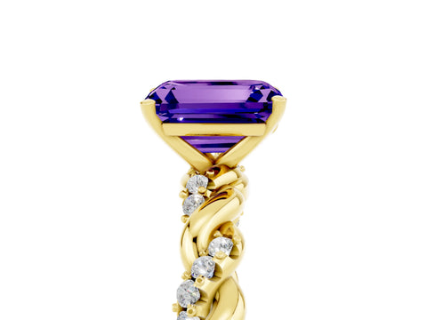Yellow gold Emerald Cut Tanzanite Solitaire Ring with Twisted Band and Pavé Accents_5