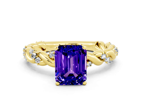 Yellow gold Emerald Cut Tanzanite Solitaire Ring with Twisted Band and Pavé Accents