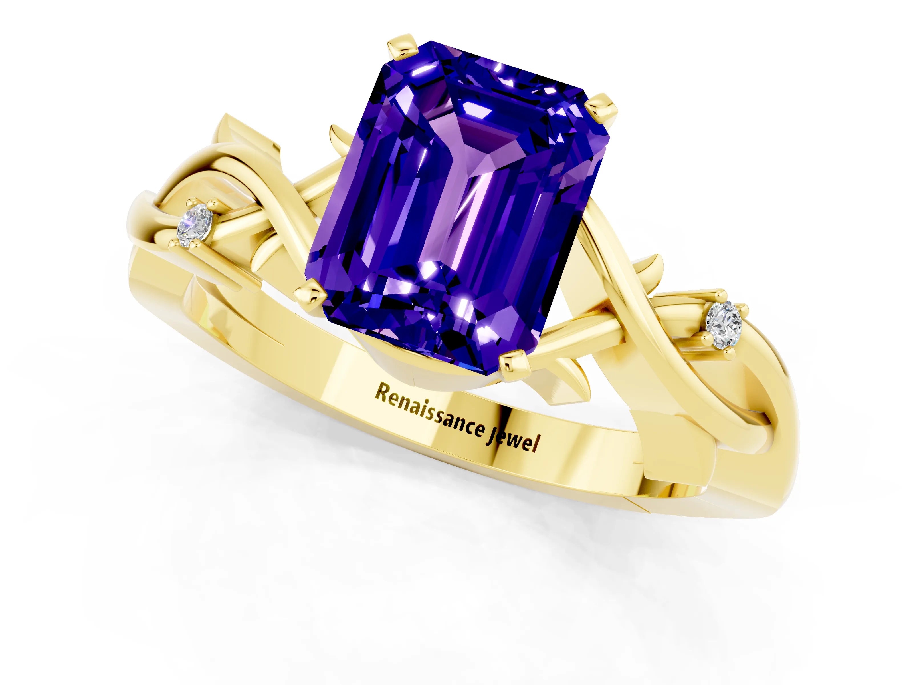 Yellow gold Emerald Cut Tanzanite Solitaire Ring with Twisted Band and Prong Setting_1