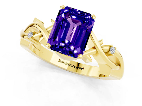 Yellow gold Emerald Cut Tanzanite Solitaire Ring with Twisted Band and Prong Setting