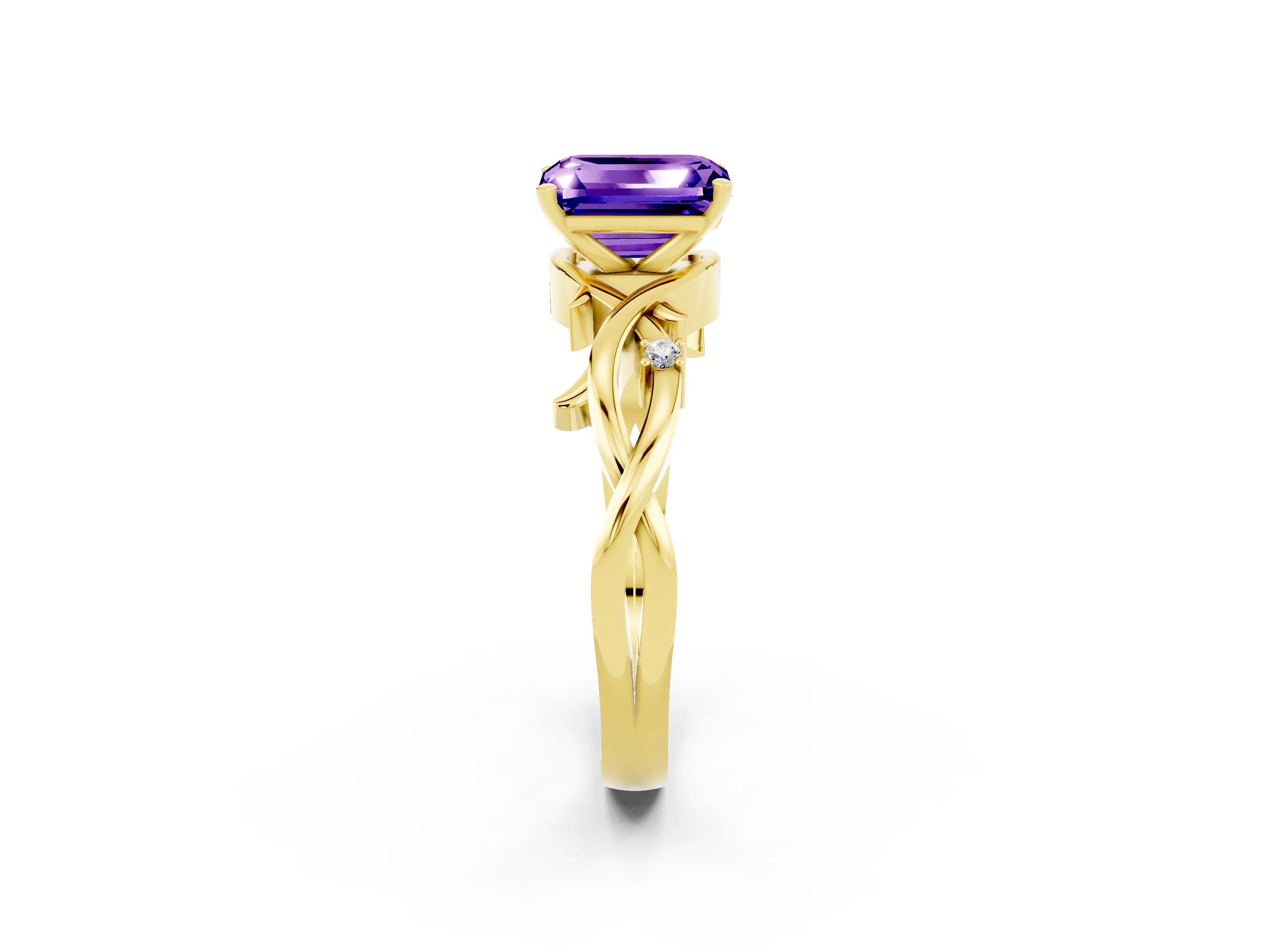 Yellow gold Emerald Cut Tanzanite Solitaire Ring with Twisted Band and Prong Setting_2