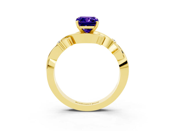 Yellow gold Emerald Cut Tanzanite Solitaire Ring with Twisted Band and Prong Setting