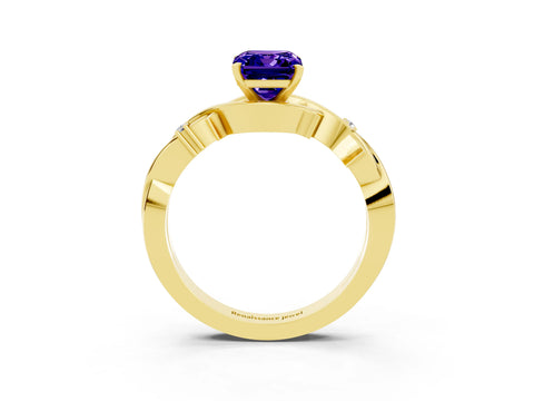 Yellow gold Emerald Cut Tanzanite Solitaire Ring with Twisted Band and Prong Setting_3