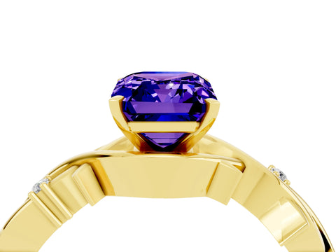 Yellow gold Emerald Cut Tanzanite Solitaire Ring with Twisted Band and Prong Setting_4