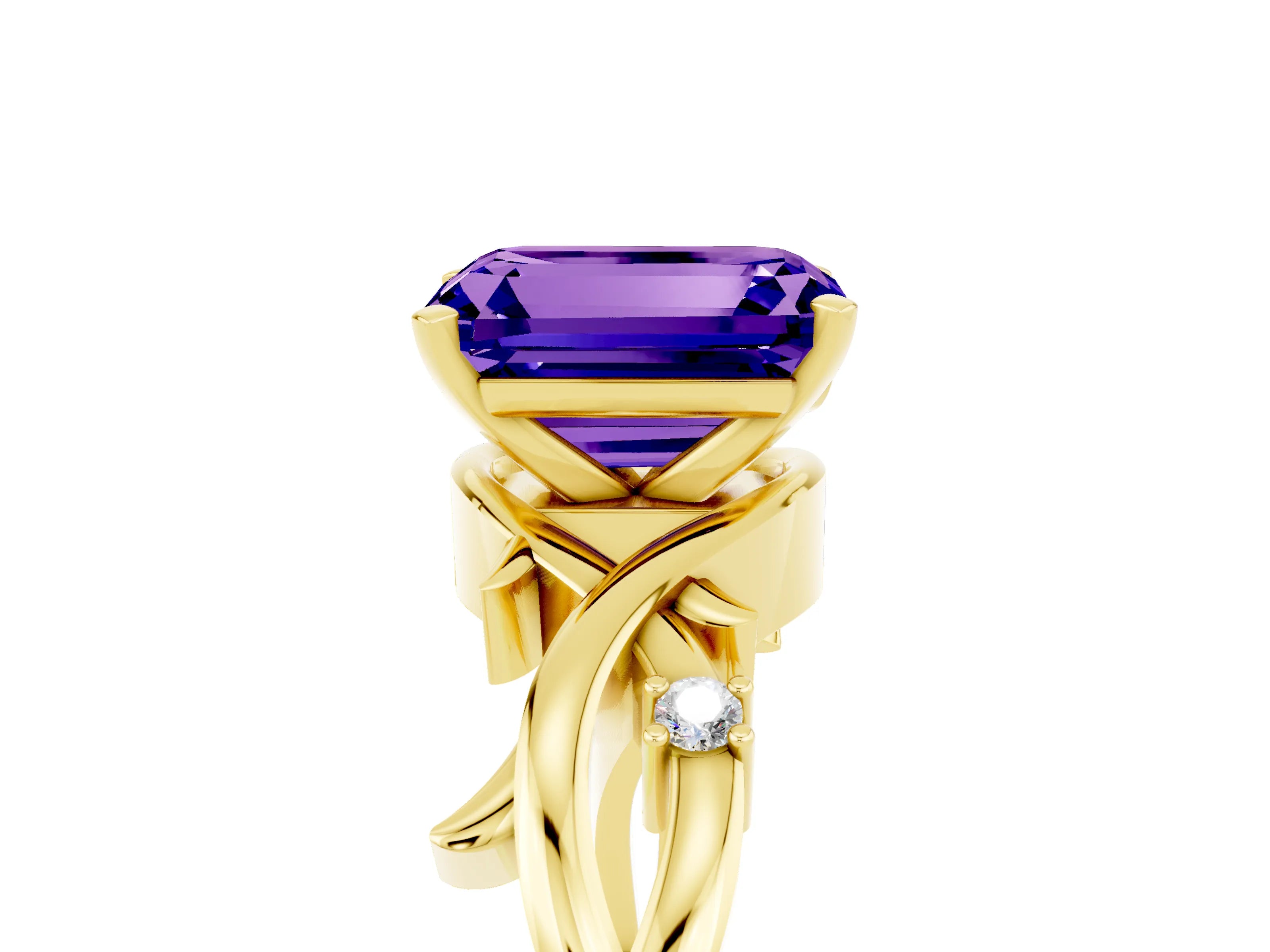 Yellow gold Emerald Cut Tanzanite Solitaire Ring with Twisted Band and Prong Setting_5