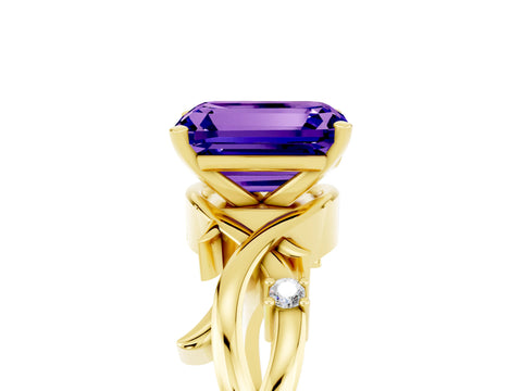 Yellow gold Emerald Cut Tanzanite Solitaire Ring with Twisted Band and Prong Setting_5