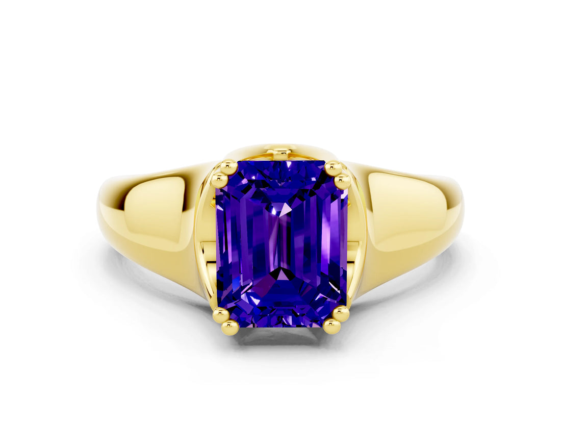 Yellow gold Emerald Cut Tanzanite Solitaire Ring with Wide Band and Prong Setting