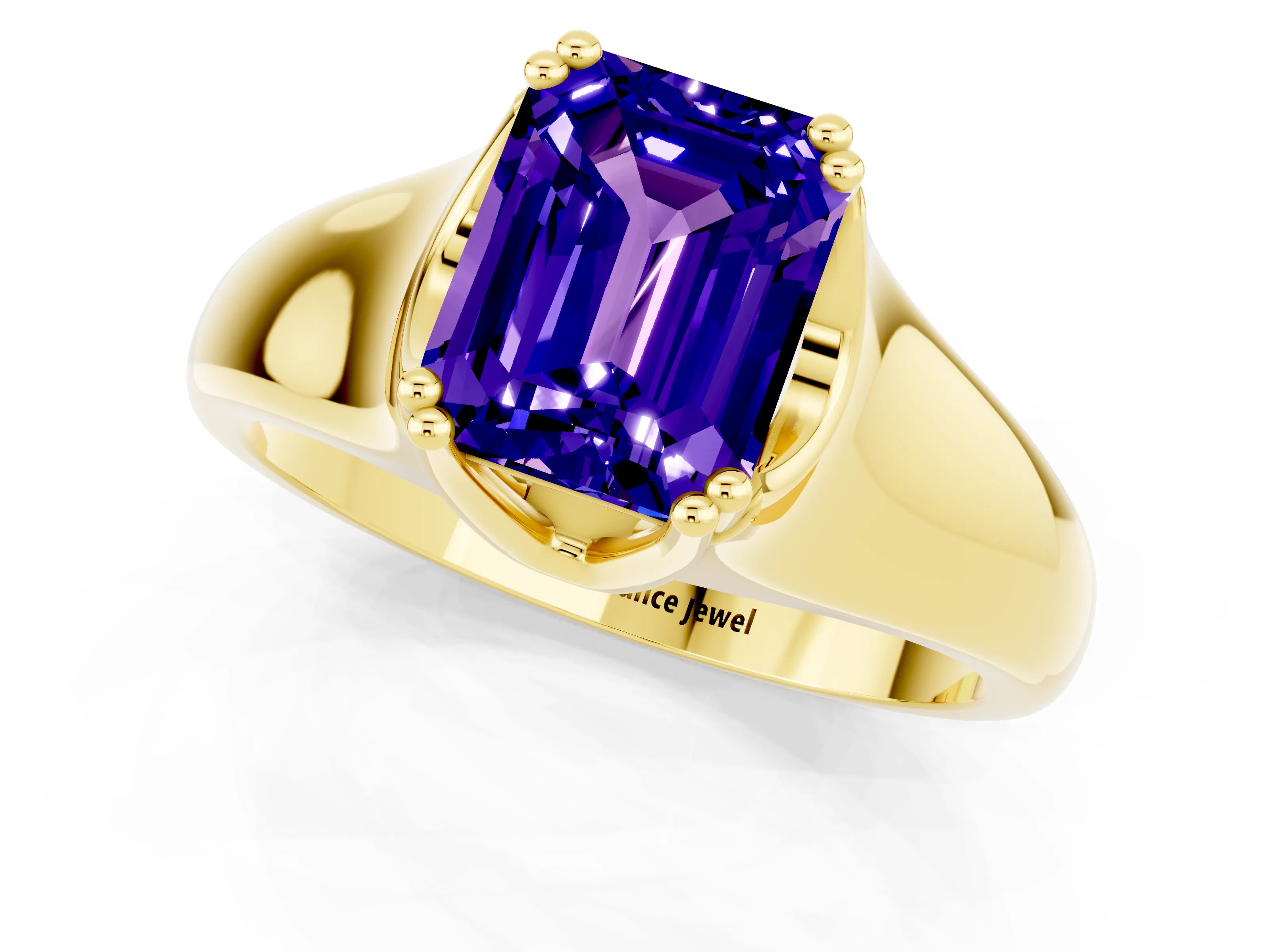 Yellow gold Emerald Cut Tanzanite Solitaire Ring with Wide Band and Prong Setting_1