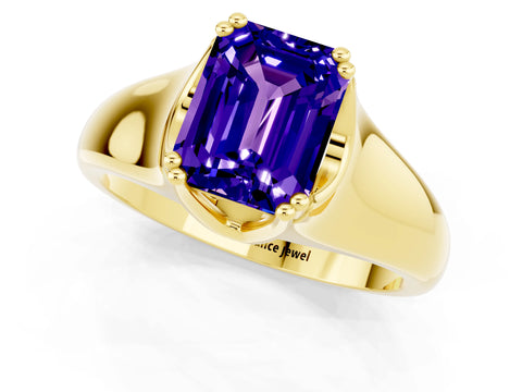 Yellow gold Emerald Cut Tanzanite Solitaire Ring with Wide Band and Prong Setting_1