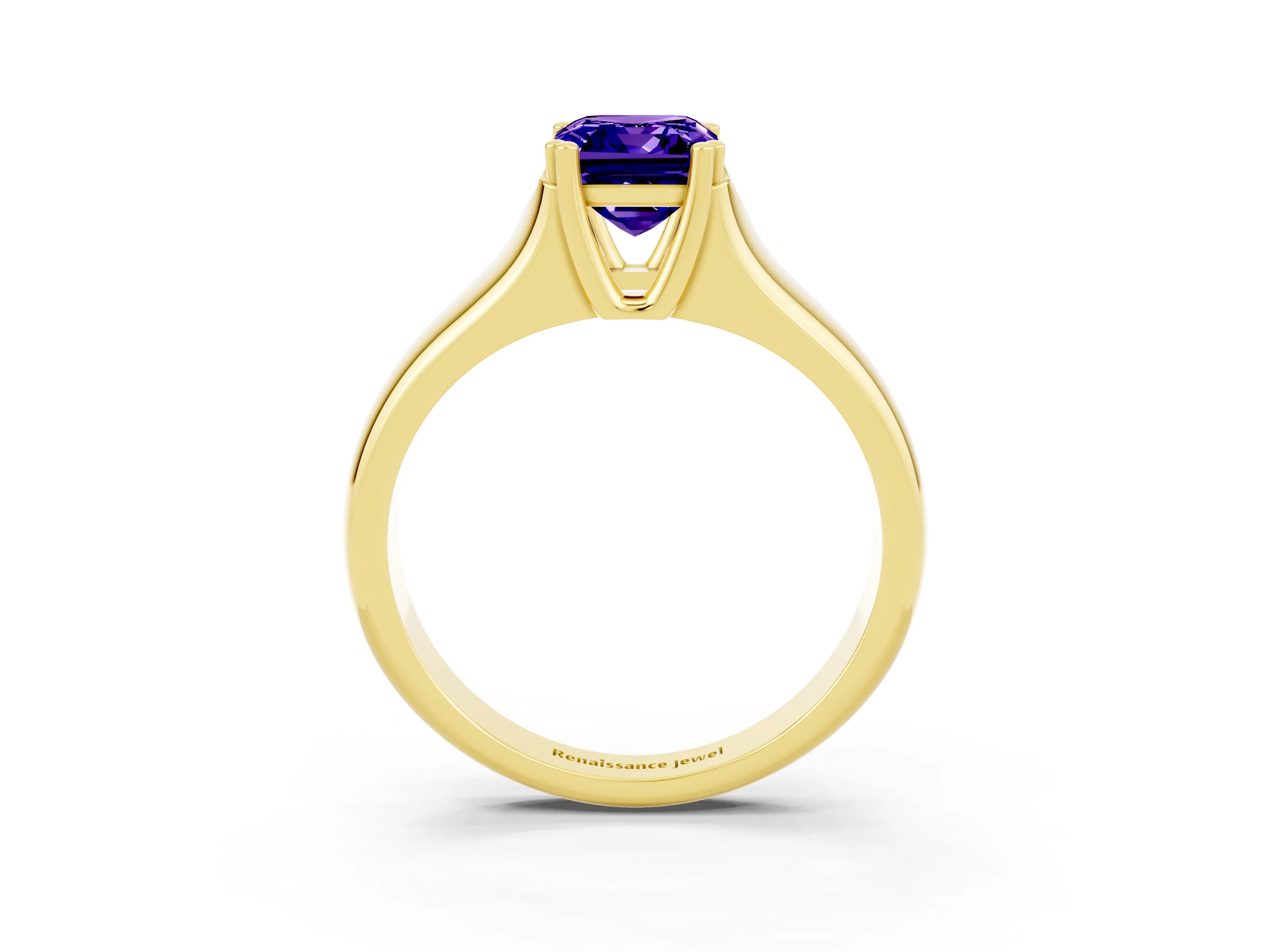 Yellow gold Emerald Cut Tanzanite Solitaire Ring with Wide Band and Prong Setting_3