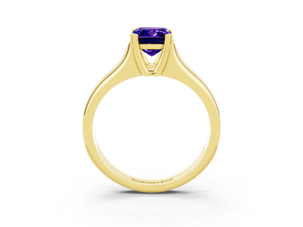 Yellow gold Emerald Cut Tanzanite Solitaire Ring with Wide Band and Prong Setting