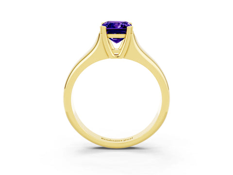 Yellow gold Emerald Cut Tanzanite Solitaire Ring with Wide Band and Prong Setting_3