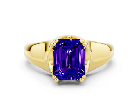 Yellow gold Emerald Cut Tanzanite Solitaire Ring with Wide Band and Prong Setting