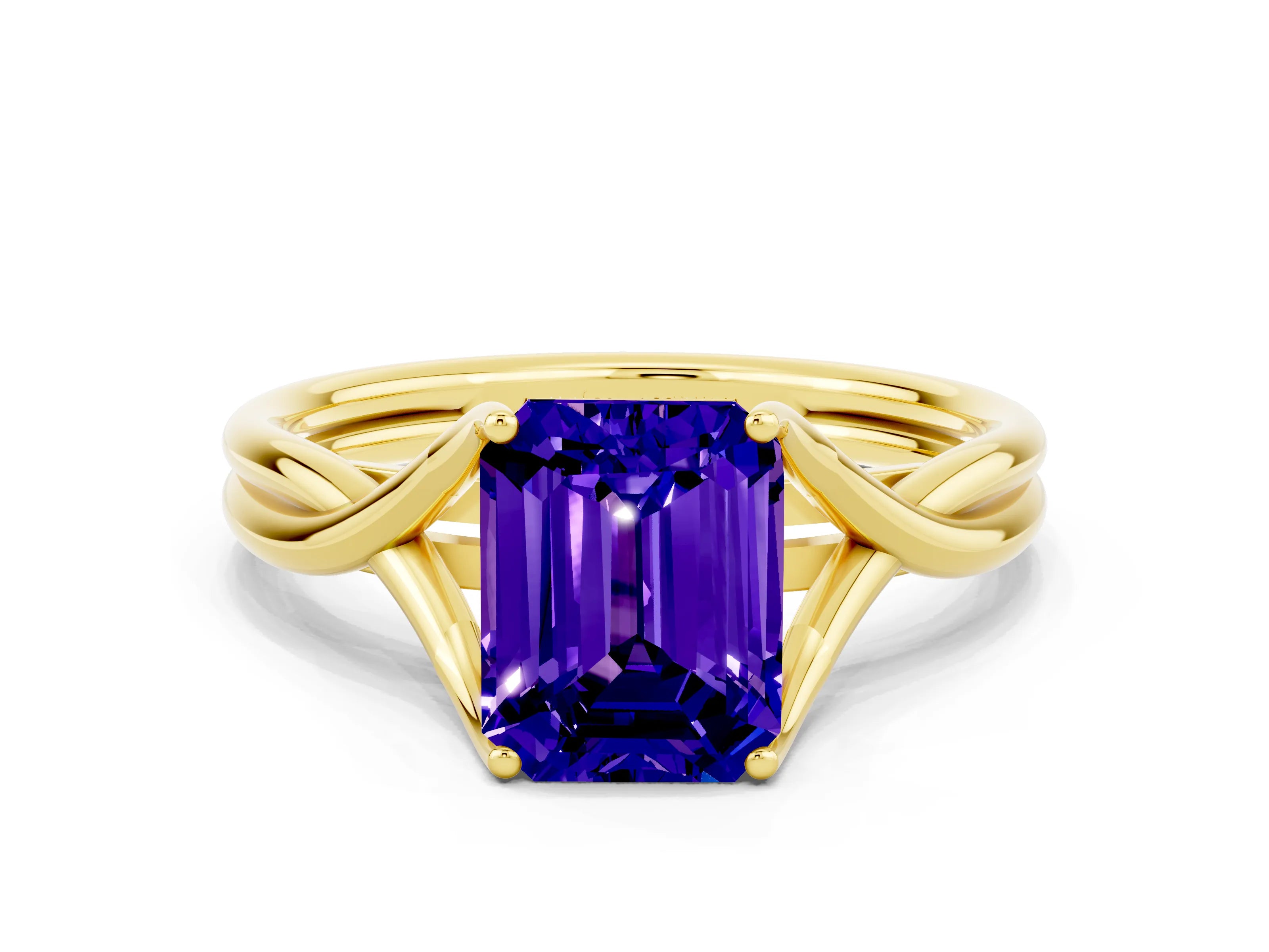 Yellow gold Emerald Cut Tanzanite Solitaire Twist Band Prong Setting Ring_36