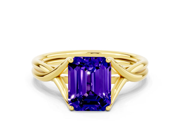 Yellow gold Emerald Cut Tanzanite Solitaire Twist Band Prong Setting Ring