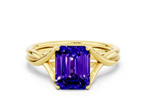 Yellow gold Emerald Cut Tanzanite Solitaire Twist Band Prong Setting Ring_36