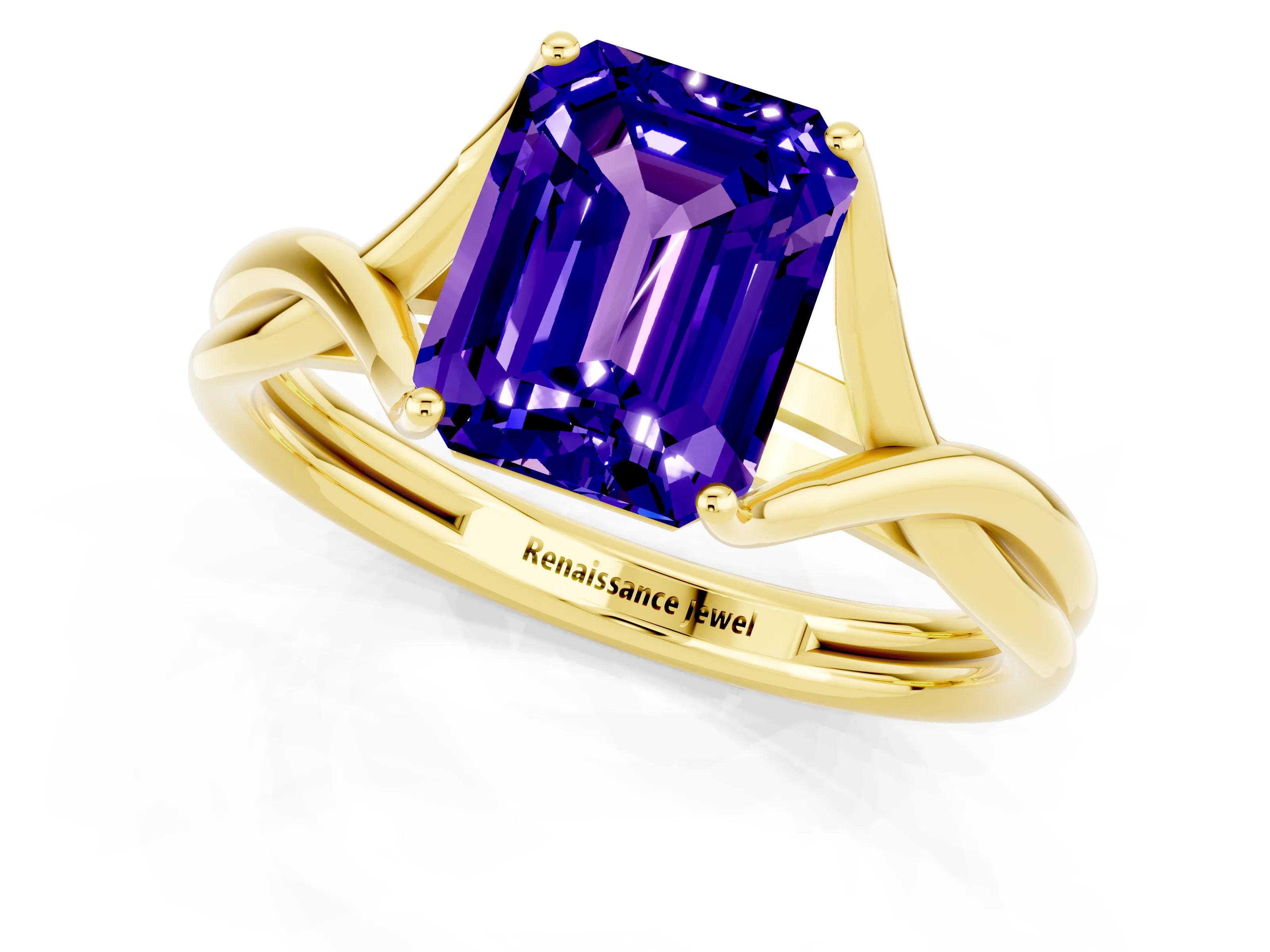 Yellow gold Emerald Cut Tanzanite Solitaire Twist Band Prong Setting Ring_37