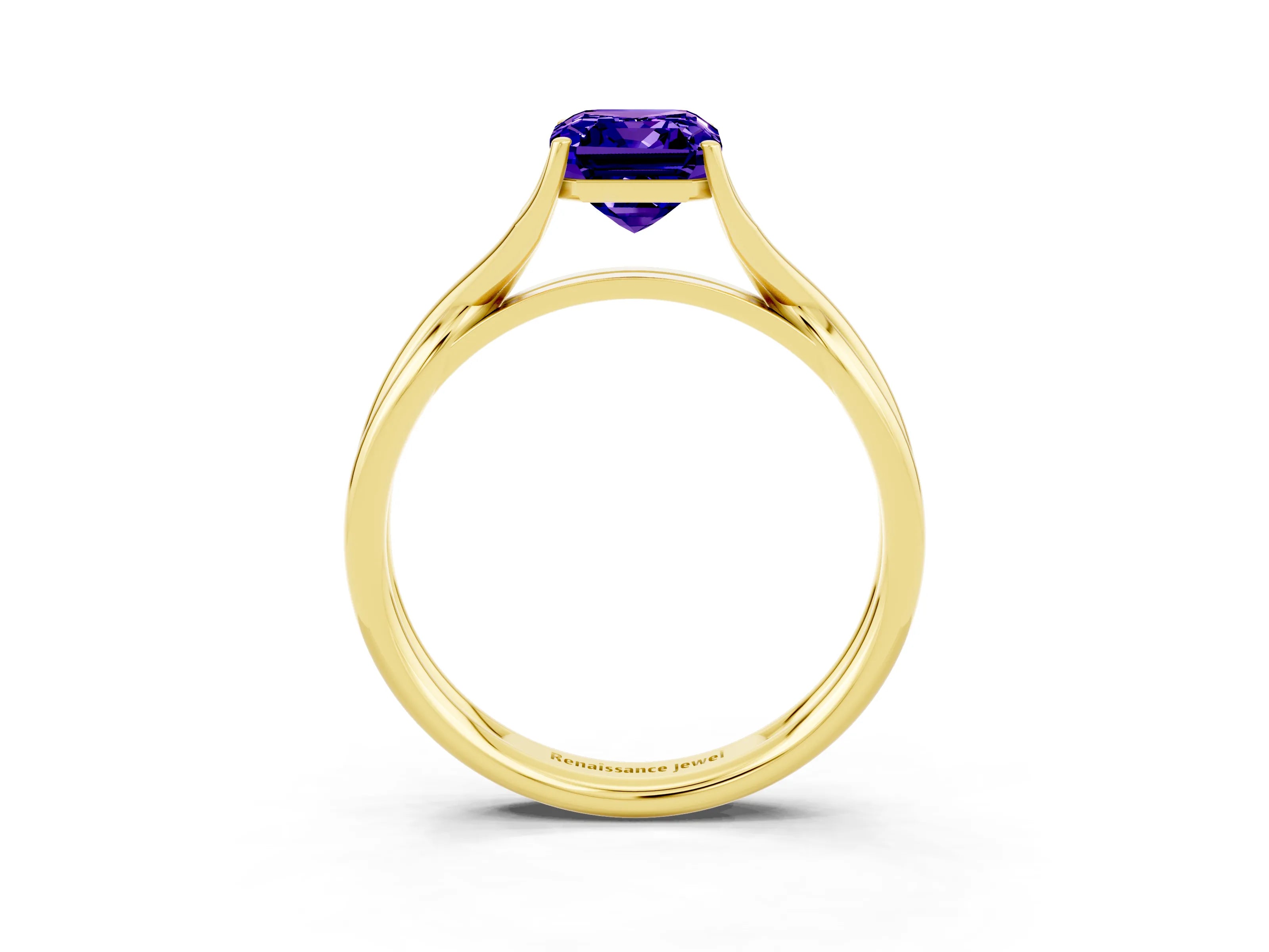 Yellow gold Emerald Cut Tanzanite Solitaire Twist Band Prong Setting Ring_39