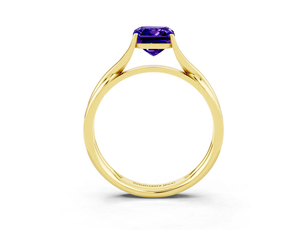 Yellow gold Emerald Cut Tanzanite Solitaire Twist Band Prong Setting Ring
