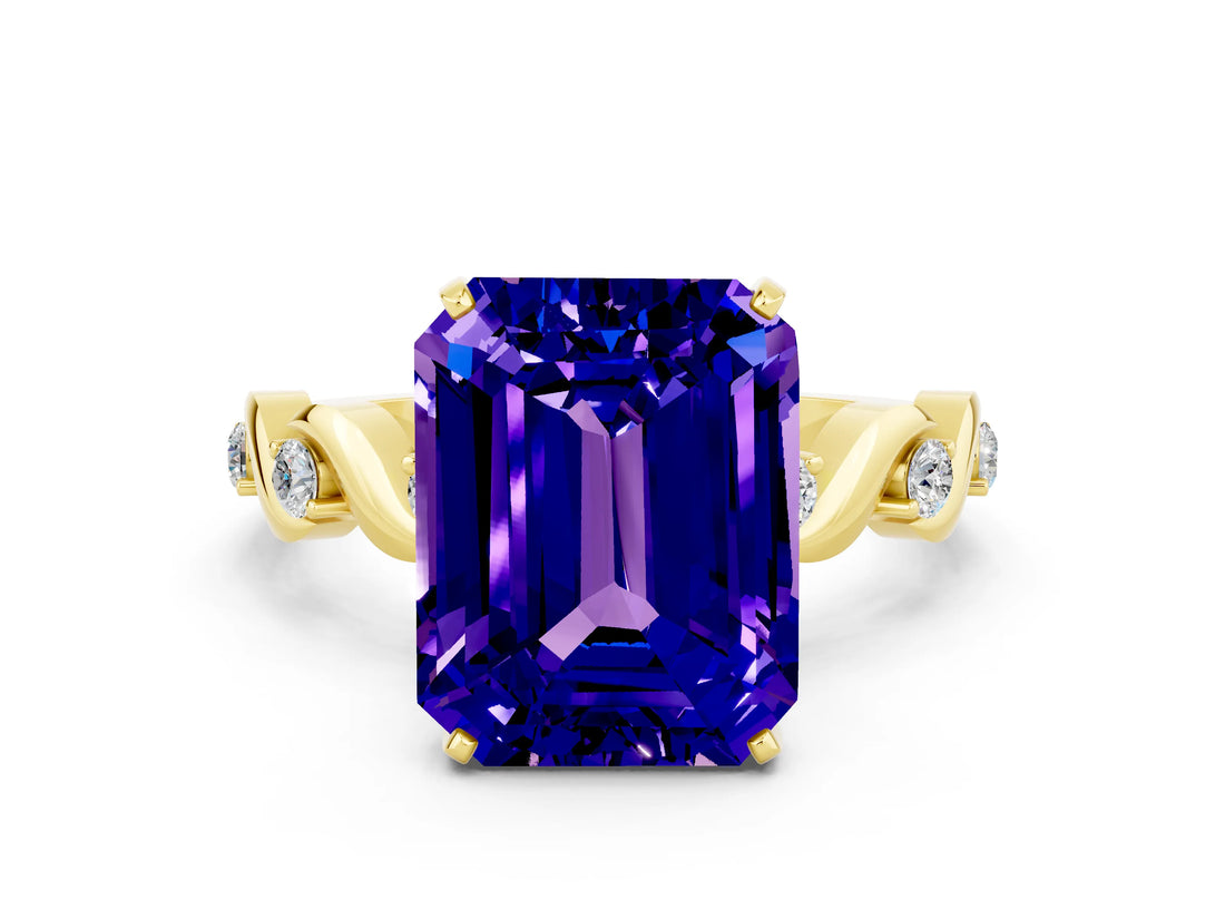 Yellow gold Emerald Cut Tanzanite Solitaire Twisted Band with Round  Accents and Prong Setting_12