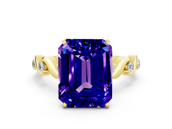 Yellow gold Emerald Cut Tanzanite Solitaire Twisted Band with Round  Accents and Prong Setting