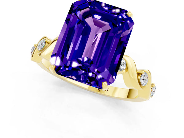 Yellow gold Emerald Cut Tanzanite Solitaire Twisted Band with Round  Accents and Prong Setting