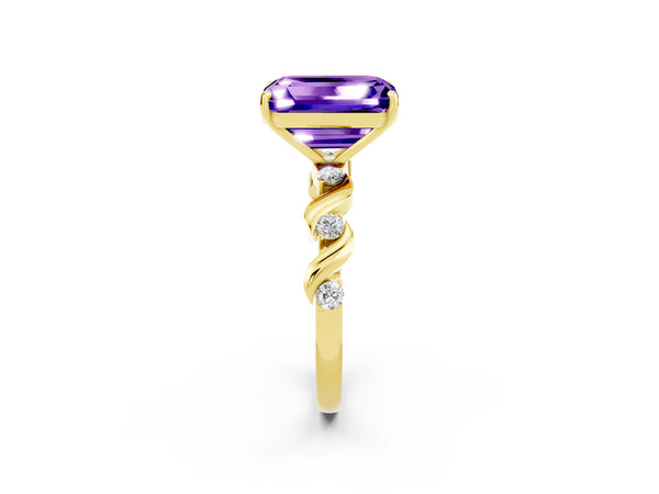 Yellow gold Emerald Cut Tanzanite Solitaire Twisted Band with Round  Accents and Prong Setting