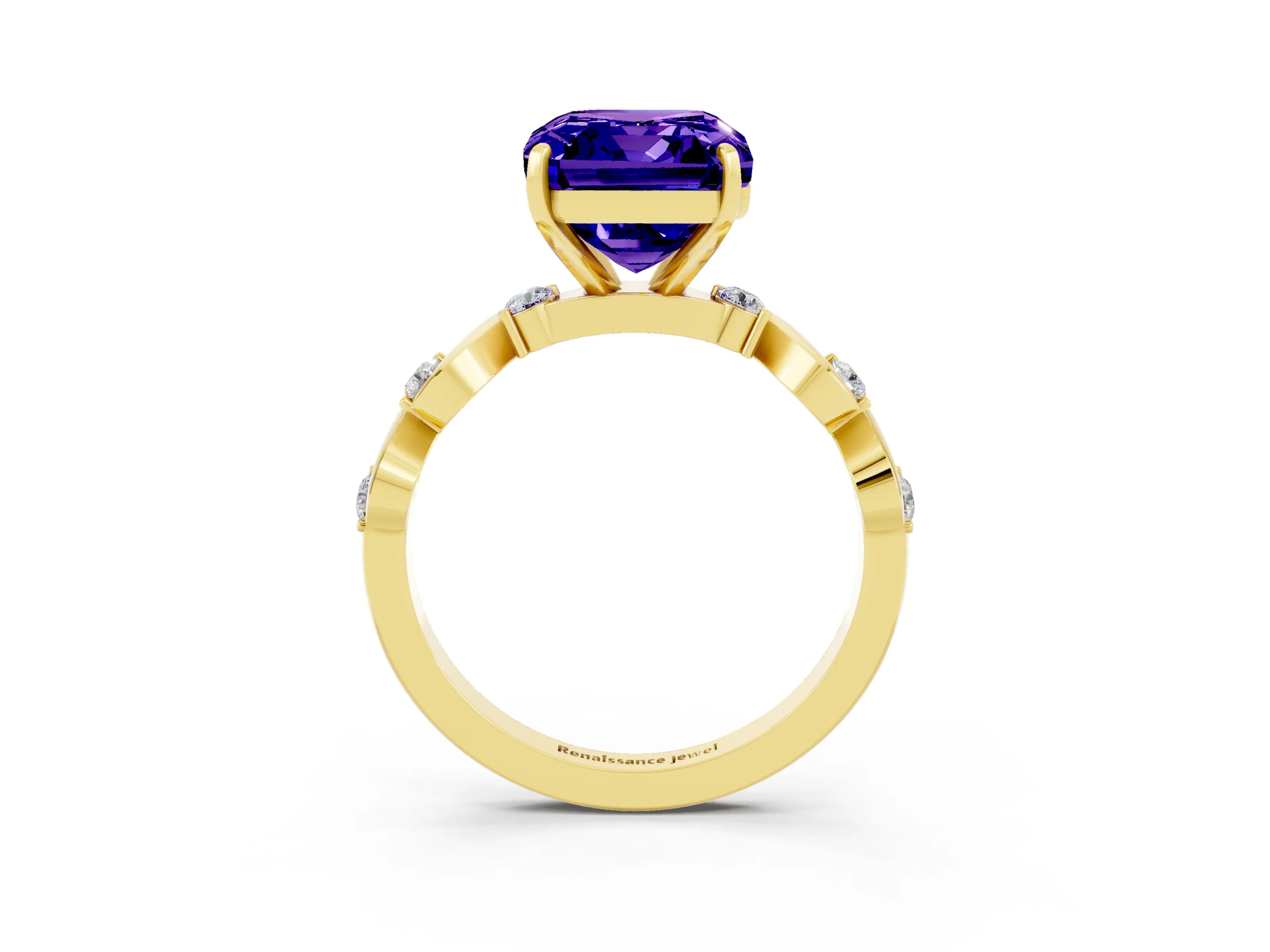 Yellow gold Emerald Cut Tanzanite Solitaire Twisted Band with Round  Accents and Prong Setting_15