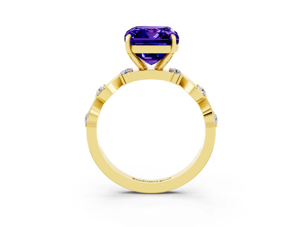 Yellow gold Emerald Cut Tanzanite Solitaire Twisted Band with Round  Accents and Prong Setting