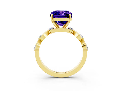 Yellow gold Emerald Cut Tanzanite Solitaire Twisted Band with Round  Accents and Prong Setting_15