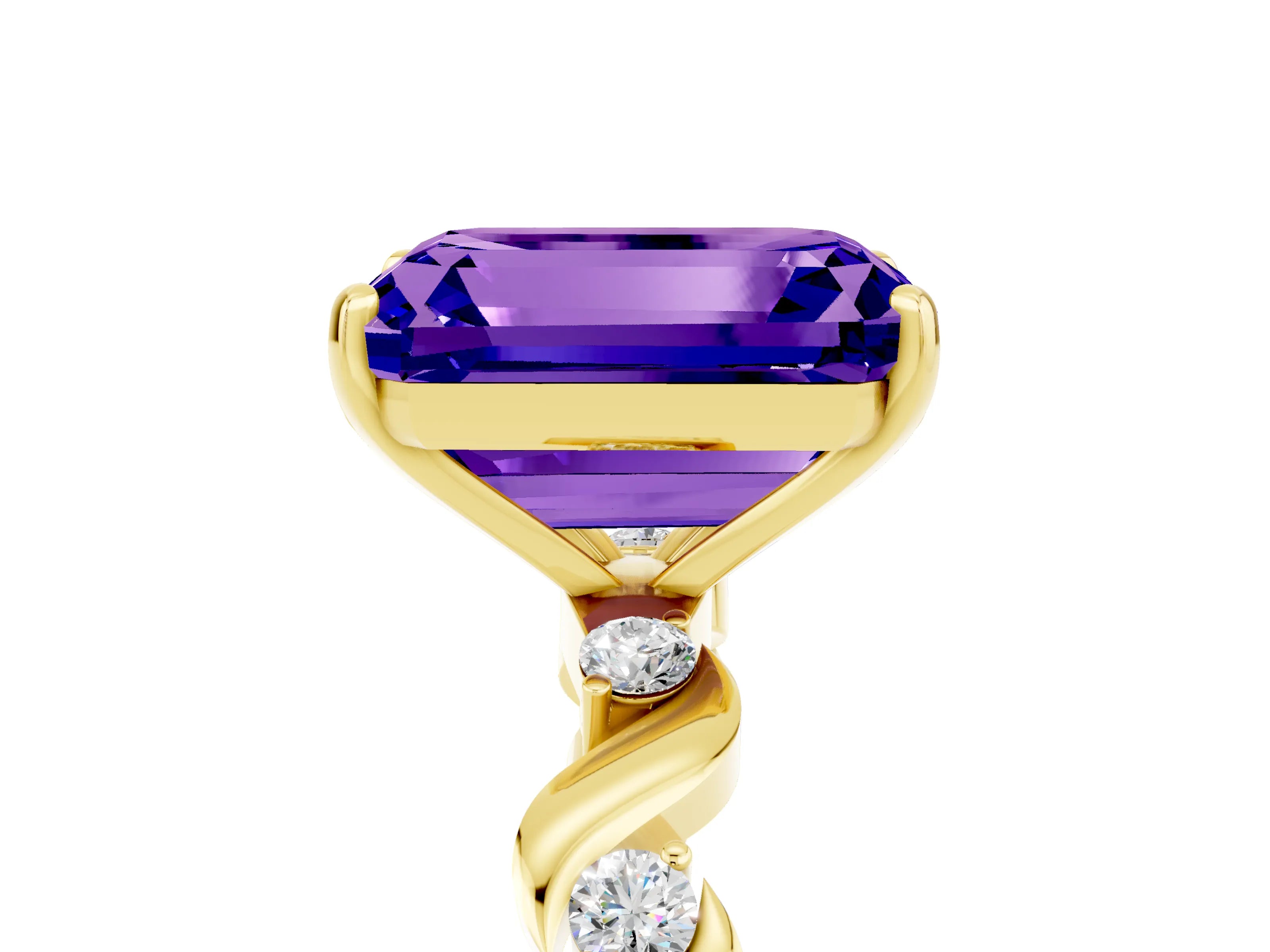 Yellow gold Emerald Cut Tanzanite Solitaire Twisted Band with Round  Accents and Prong Setting_17