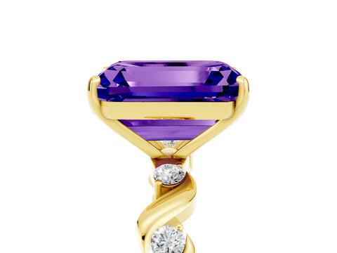 Yellow gold Emerald Cut Tanzanite Solitaire Twisted Band with Round  Accents and Prong Setting_17