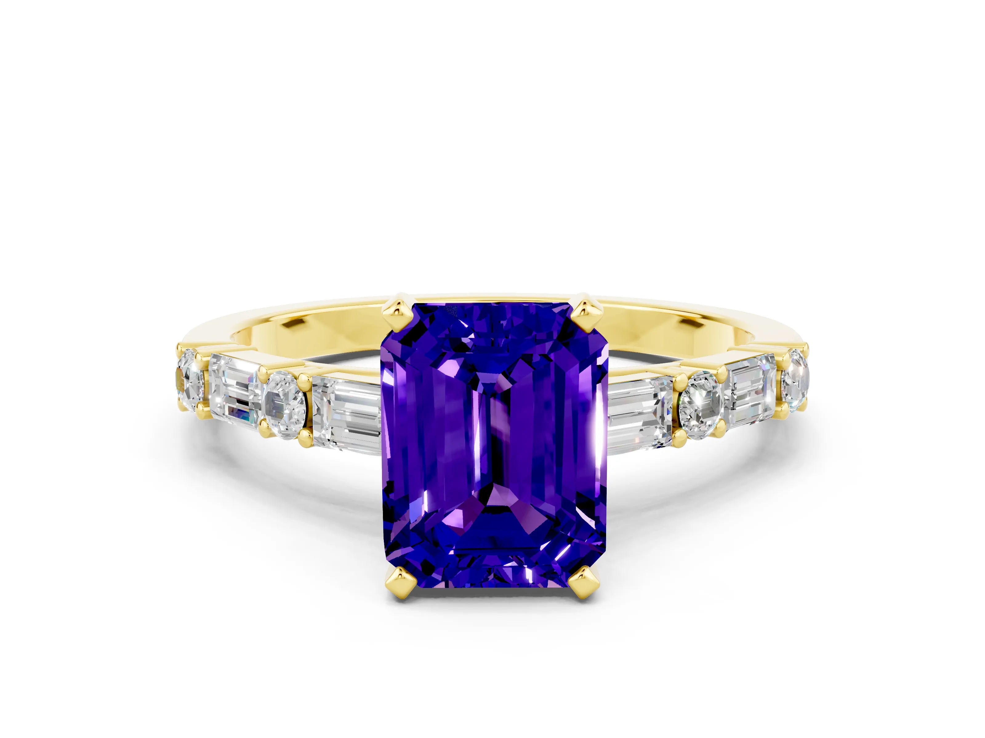 Yellow gold Emerald Cut Tanzanite Solitaire with Side Baguettes and Channel Set Band