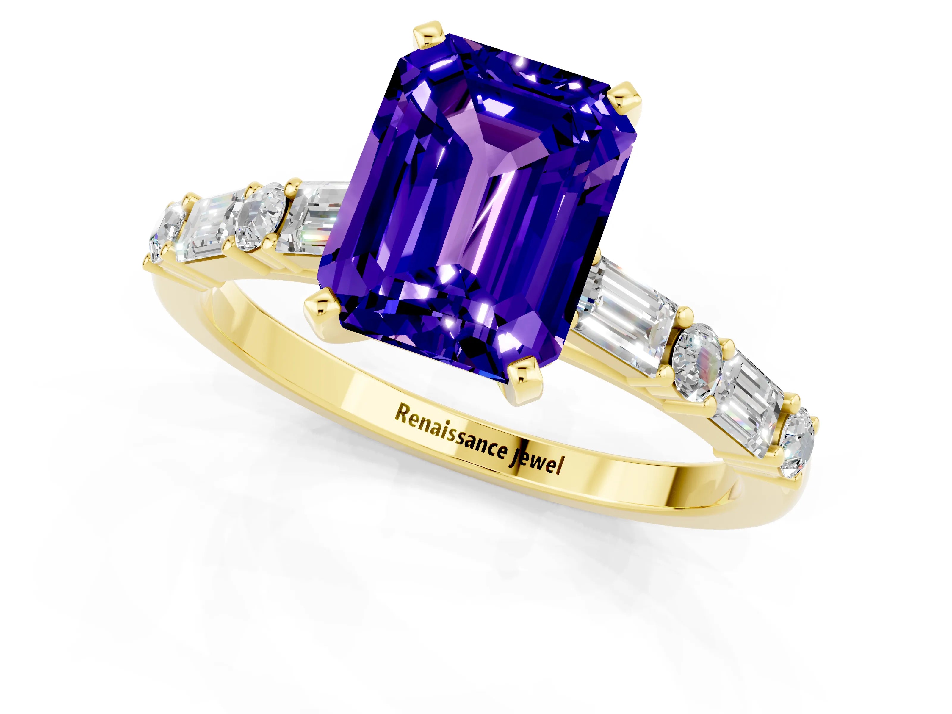 Yellow gold Emerald Cut Tanzanite Solitaire with Side Baguettes and Channel Set Band_1