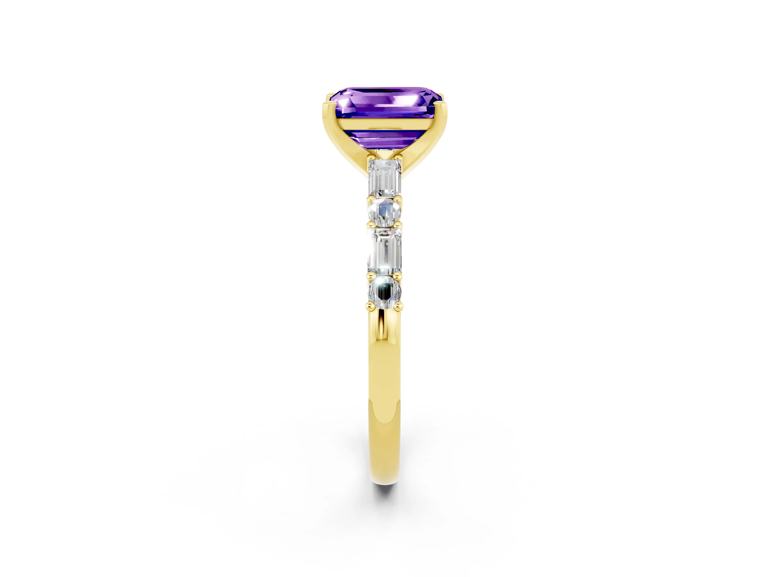 Yellow gold Emerald Cut Tanzanite Solitaire with Side Baguettes and Channel Set Band_2