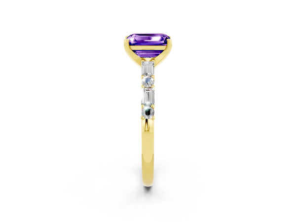 Yellow gold Emerald Cut Tanzanite Solitaire with Side Baguettes and Channel Set Band