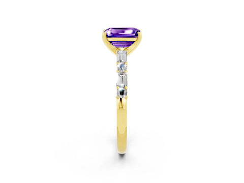 Yellow gold Emerald Cut Tanzanite Solitaire with Side Baguettes and Channel Set Band_2