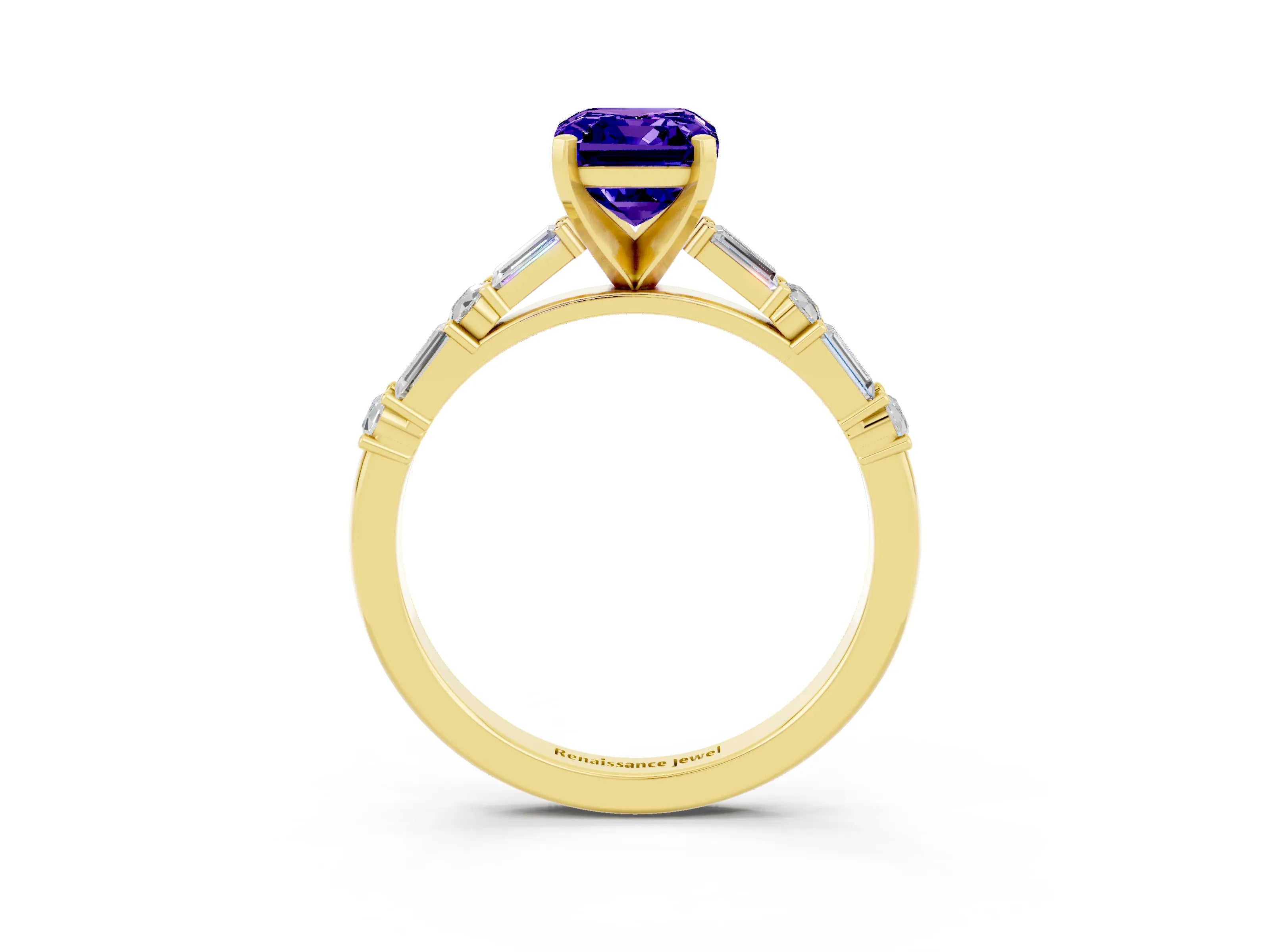 Yellow gold Emerald Cut Tanzanite Solitaire with Side Baguettes and Channel Set Band_3