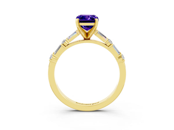 Yellow gold Emerald Cut Tanzanite Solitaire with Side Baguettes and Channel Set Band