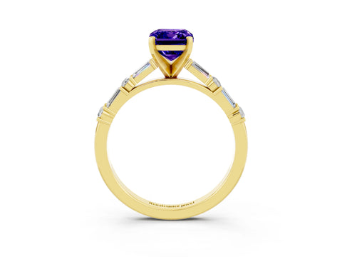 Yellow gold Emerald Cut Tanzanite Solitaire with Side Baguettes and Channel Set Band_3