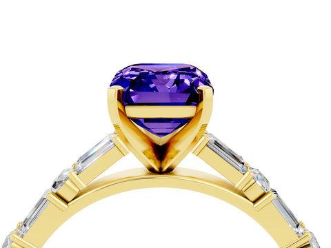 Yellow gold Emerald Cut Tanzanite Solitaire with Side Baguettes and Channel Set Band_4