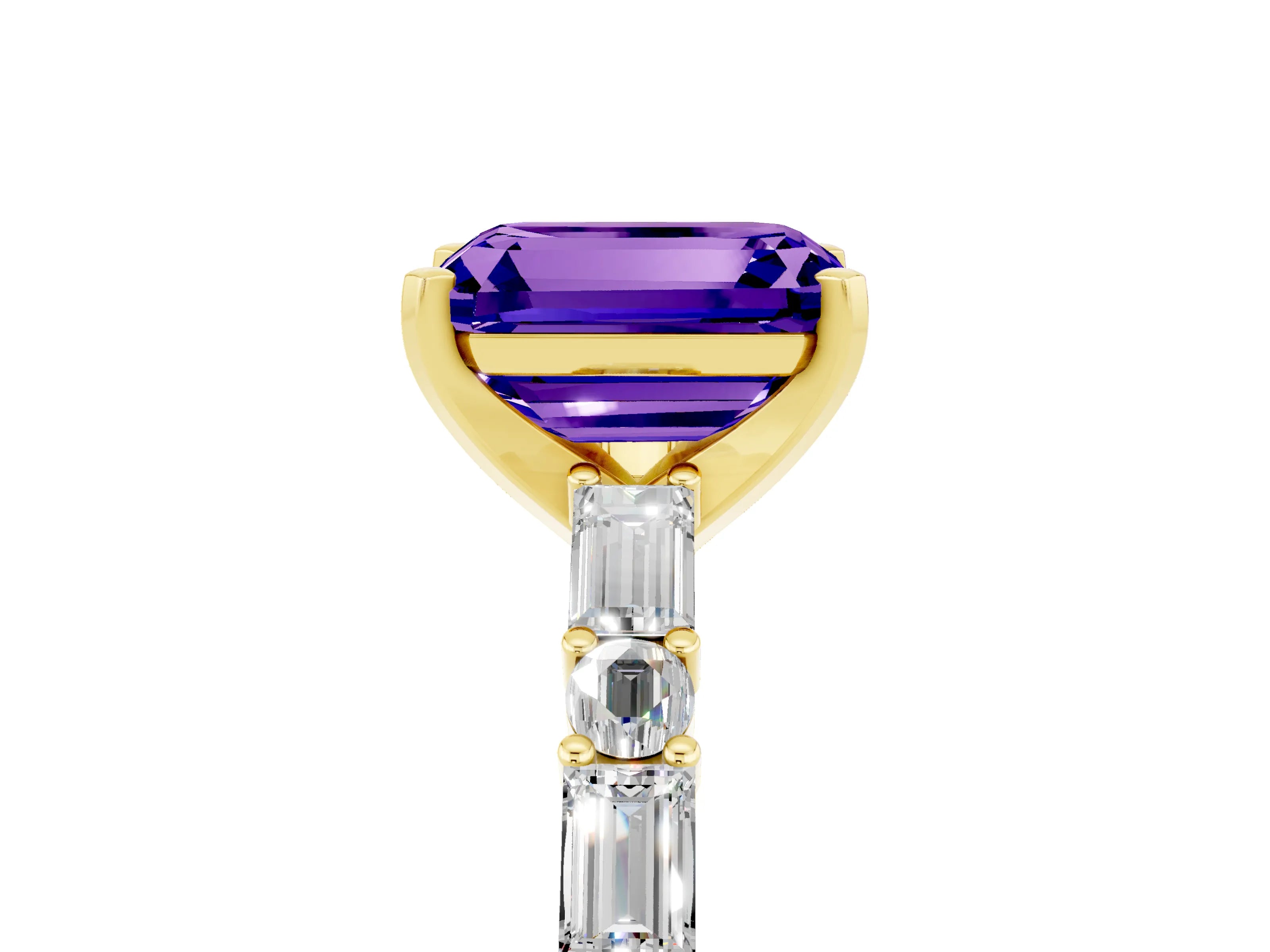 Yellow gold Emerald Cut Tanzanite Solitaire with Side Baguettes and Channel Set Band_5