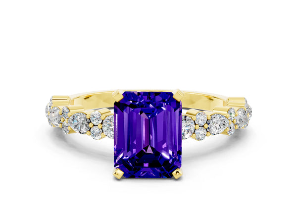 Yellow gold Emerald Cut Tanzanite Side Stone Solitaire Ring with Round  and Four-Prong Setting