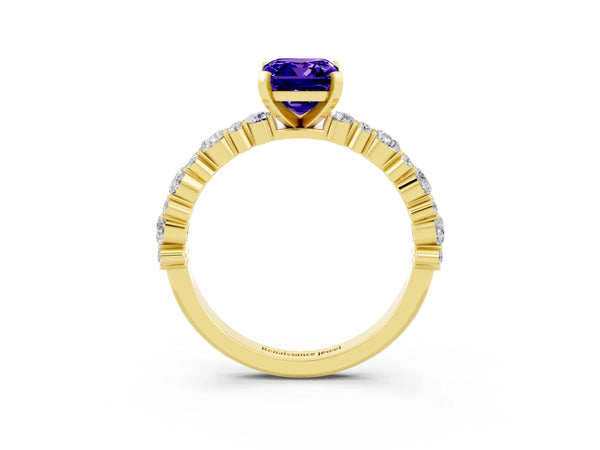 Yellow gold Emerald Cut Tanzanite Side Stone Solitaire Ring with Round  and Four-Prong Setting