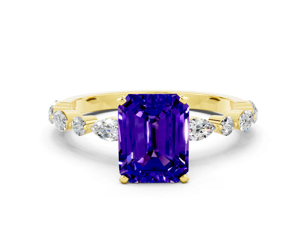 Yellow gold Emerald Cut Tanzanite Ring with Marquise and Round  Side Stones and Four-Prong Setting