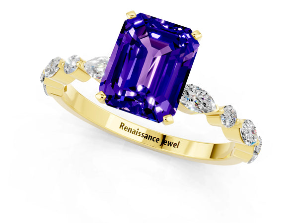 Yellow gold Emerald Cut Tanzanite Ring with Marquise and Round  Side Stones and Four-Prong Setting