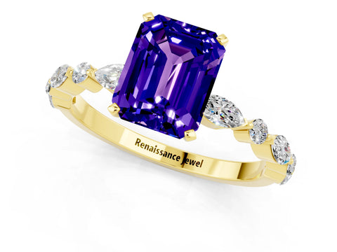 Yellow gold Emerald Cut Tanzanite Solitaire with Side Stones on a Pavé Band and Four-Prong Setting_1